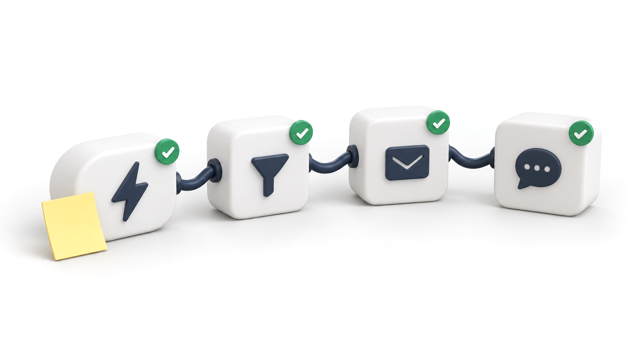 Four white blocks with icons for a trigger, a filter, an email and a chat message, connected by cables, each with a green check mark and a yellow sticky note in front.