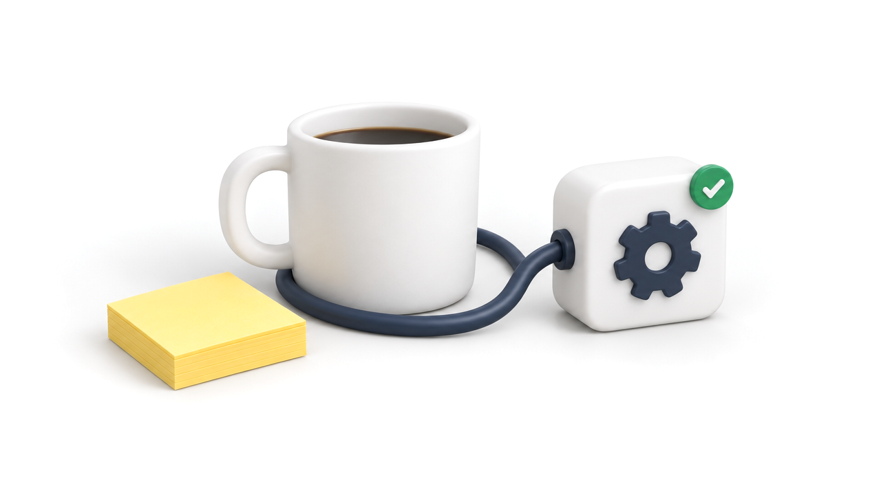 A cup of coffee, a stack of yellow sticky notes and a white block with a gear, with a cable around the mug.
