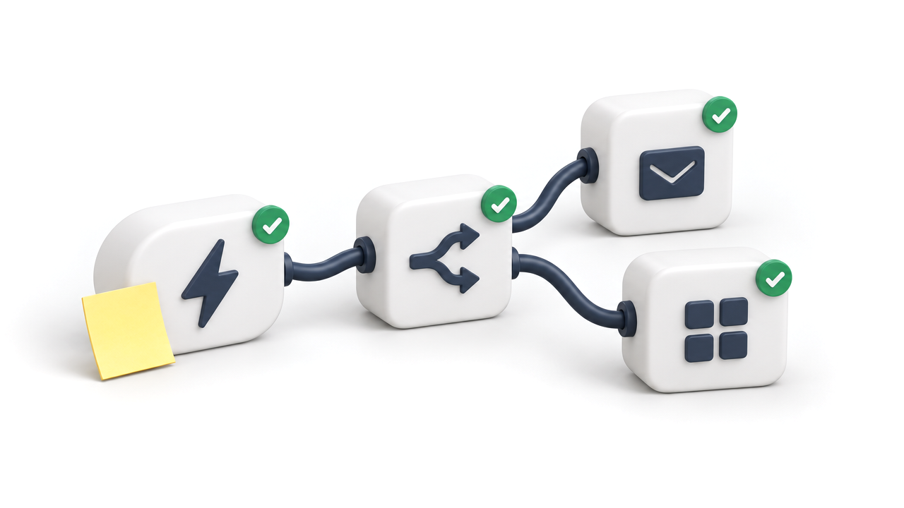 A branching workflow of white blocks: a trigger, a split and two end points, all with a green check mark.